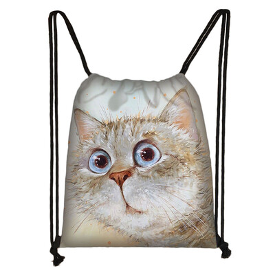 Geantă cu șnur cu pictură 3D cu cap de pisică, rucsac cu imprimare cu desene animate pentru fete, genți de cumpărături, geantă portabilă multifuncțională pentru pantofi