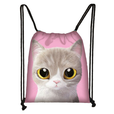 Geantă cu șnur cu pictură 3D cu cap de pisică, rucsac cu imprimare cu desene animate pentru fete, genți de cumpărături, geantă portabilă multifuncțională pentru pantofi
