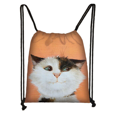 Geantă cu șnur cu pictură 3D cu cap de pisică, rucsac cu imprimare cu desene animate pentru fete, genți de cumpărături, geantă portabilă multifuncțională pentru pantofi
