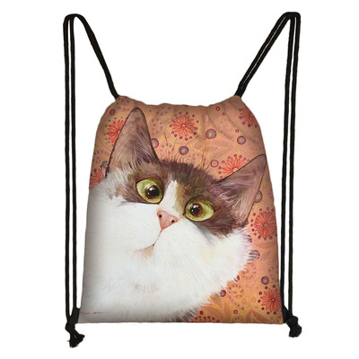 Geantă cu șnur cu pictură 3D cu cap de pisică, rucsac cu imprimare cu desene animate pentru fete, genți de cumpărături, geantă portabilă multifuncțională pentru pantofi