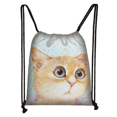 Geantă cu șnur cu pictură 3D cu cap de pisică, rucsac cu imprimare cu desene animate pentru fete, genți de cumpărături, geantă portabilă multifuncțională pentru pantofi