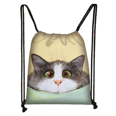 Geantă cu șnur cu pictură 3D cu cap de pisică, rucsac cu imprimare cu desene animate pentru fete, genți de cumpărături, geantă portabilă multifuncțională pentru pantofi