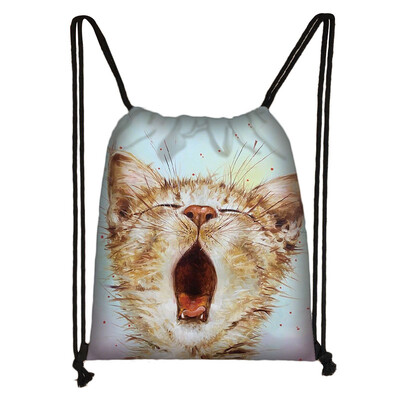 Geantă cu șnur cu pictură 3D cu cap de pisică, rucsac cu imprimare cu desene animate pentru fete, genți de cumpărături, geantă portabilă multifuncțională pentru pantofi