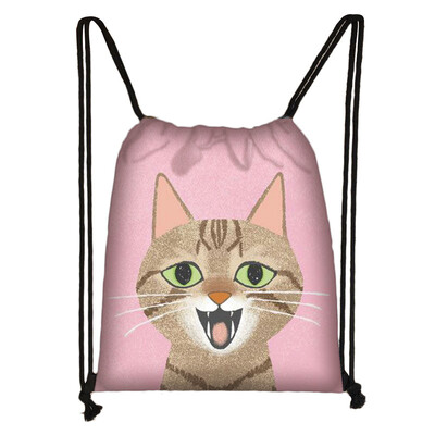 Geantă cu șnur cu pictură 3D cu cap de pisică, rucsac cu imprimare cu desene animate pentru fete, genți de cumpărături, geantă portabilă multifuncțională pentru pantofi