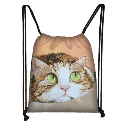 Geantă cu șnur cu pictură 3D cu cap de pisică, rucsac cu imprimare cu desene animate pentru fete, genți de cumpărături, geantă portabilă multifuncțională pentru pantofi