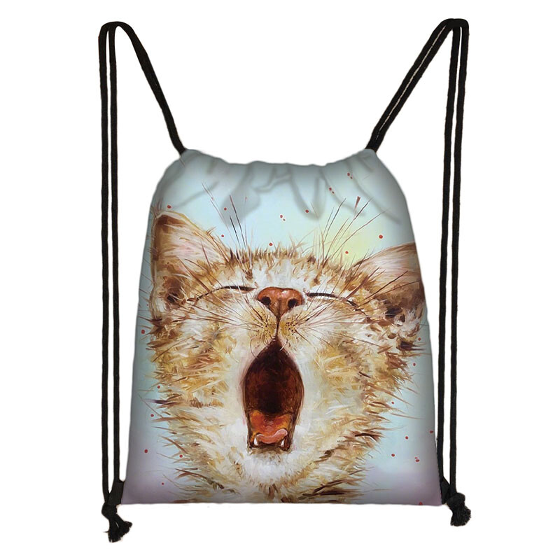Geantă cu șnur cu pictură 3D cu cap de pisică, rucsac cu imprimare cu desene animate pentru fete, genți de cumpărături, geantă portabilă multifuncțională pentru pantofi