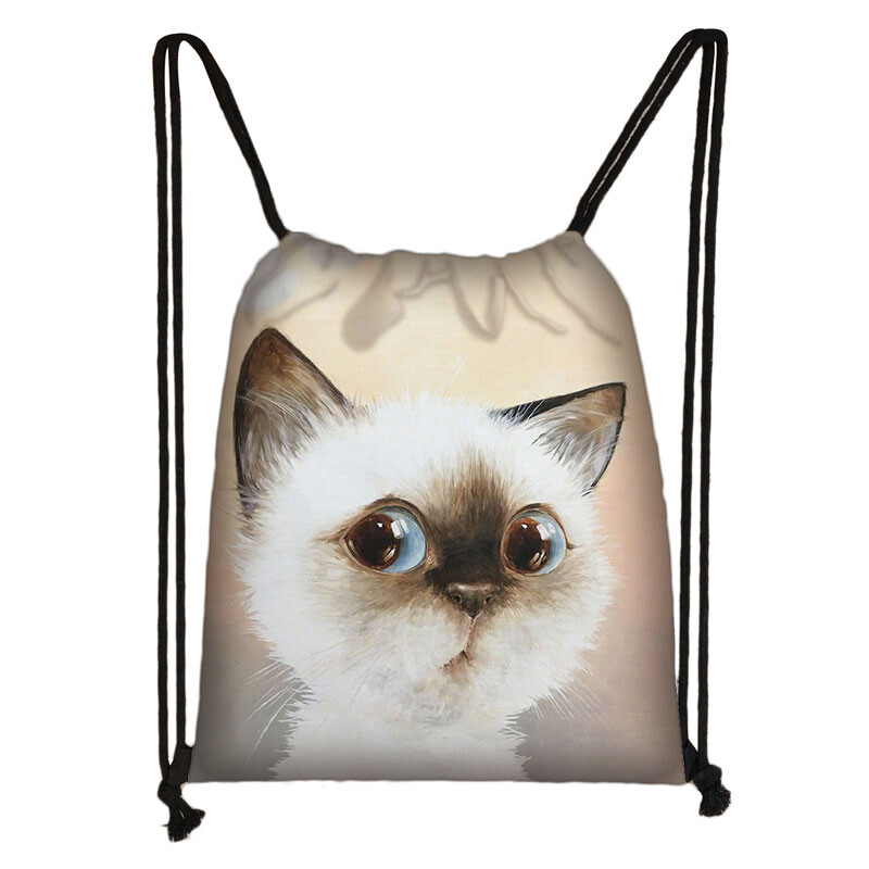 Geantă cu șnur cu pictură 3D cu cap de pisică, rucsac cu imprimare cu desene animate pentru fete, genți de cumpărături, geantă portabilă multifuncțională pentru pantofi