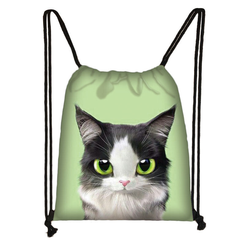 Geantă cu șnur cu pictură 3D cu cap de pisică, rucsac cu imprimare cu desene animate pentru fete, genți de cumpărături, geantă portabilă multifuncțională pentru pantofi