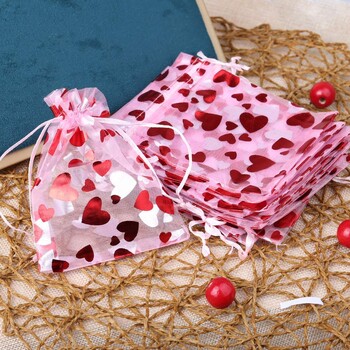 50 τμχ/Παρτίδα 9x12cm Red Love Heart Organza Τσάντα για την Ημέρα του Αγίου Βαλεντίνου Θήκη δώρου για ζευγάρι