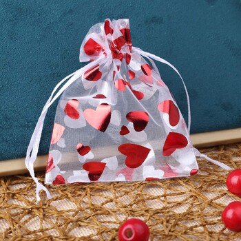 50 τμχ/Παρτίδα 9x12cm Red Love Heart Organza Τσάντα για την Ημέρα του Αγίου Βαλεντίνου Θήκη δώρου για ζευγάρι