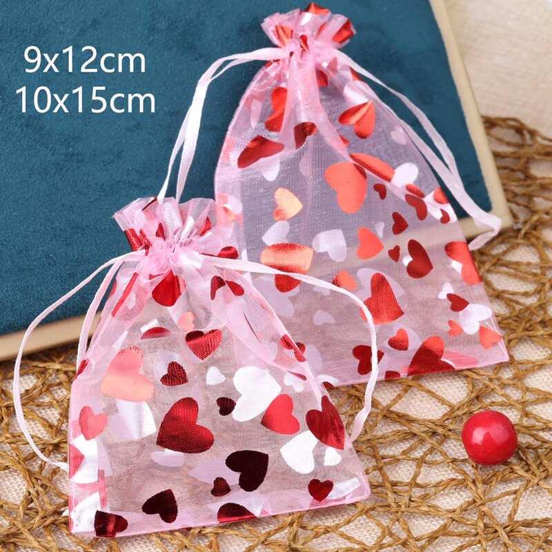 50 bucăți/lot 9x12cm geantă din organza cu inimă roșie de dragoste pentru pungă cadou pentru cuplu de Ziua Îndrăgostiților