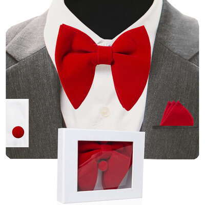 GUSLESON Papion mare din catifea pentru bărbați, set de butoni de buzunar, cu cutie de cadou, cravată solidă, roșie, galbenă, pentru nunta bărbatului