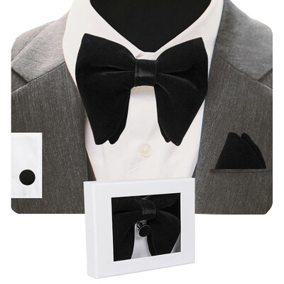 GUSLESON Papion mare din catifea pentru bărbați, set de butoni de buzunar, cu cutie de cadou, cravată solidă, roșie, galbenă, pentru nunta bărbatului