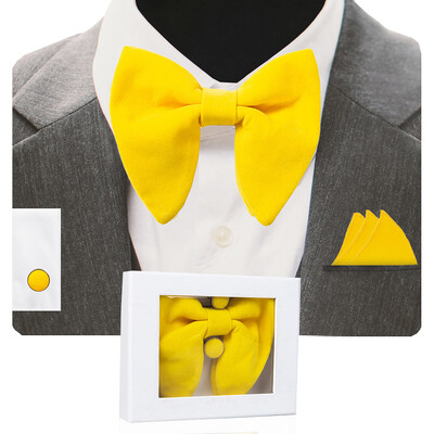 GUSLESON Papion mare din catifea pentru bărbați, set de butoni de buzunar, cu cutie de cadou, cravată solidă, roșie, galbenă, pentru nunta bărbatului