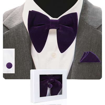 GUSLESON Papion mare din catifea pentru bărbați, set de butoni de buzunar, cu cutie de cadou, cravată solidă, roșie, galbenă, pentru nunta bărbatului