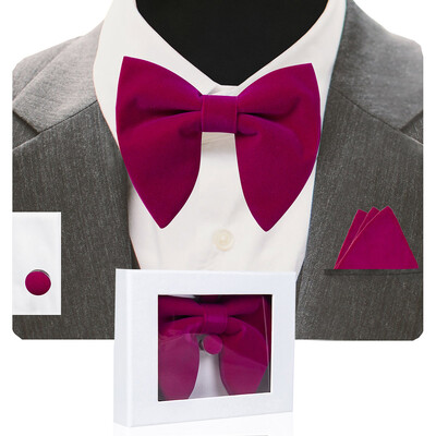 GUSLESON Papion mare din catifea pentru bărbați, set de butoni de buzunar, cu cutie de cadou, cravată solidă, roșie, galbenă, pentru nunta bărbatului