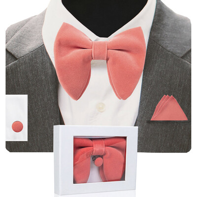 GUSLESON Papion mare din catifea pentru bărbați, set de butoni de buzunar, cu cutie de cadou, cravată solidă, roșie, galbenă, pentru nunta bărbatului
