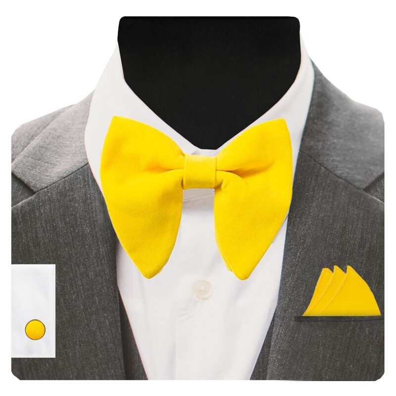 GUSLESON Papion mare din catifea pentru bărbați, set de butoni de buzunar, cu cutie de cadou, cravată solidă, roșie, galbenă, pentru nunta bărbatului