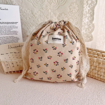 Scutec de călătorie în aer liber cu șnur Makuep Sac de depozitare clasificată cu flori imprimate Genți cosmetice cu șnur din bumbac Pachet de buzunar