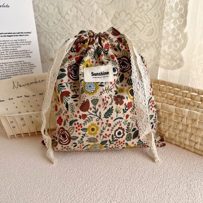 Scutec de călătorie în aer liber cu șnur Makuep Sac de depozitare clasificată cu flori imprimate Genți cosmetice cu șnur din bumbac Pachet de buzunar