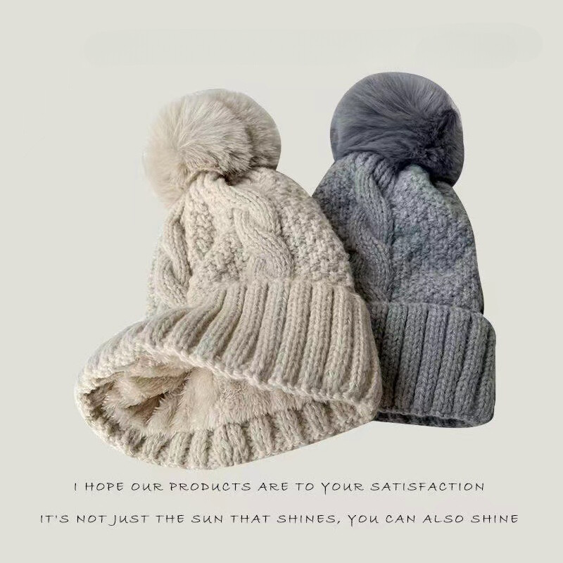 Jauna ziemas Twist adīšanas cepure sievietēm kažokādas pompons bieza plīša cepure Vienkrāsains dāmu silts slēpojums Snow Skullies pupiņas