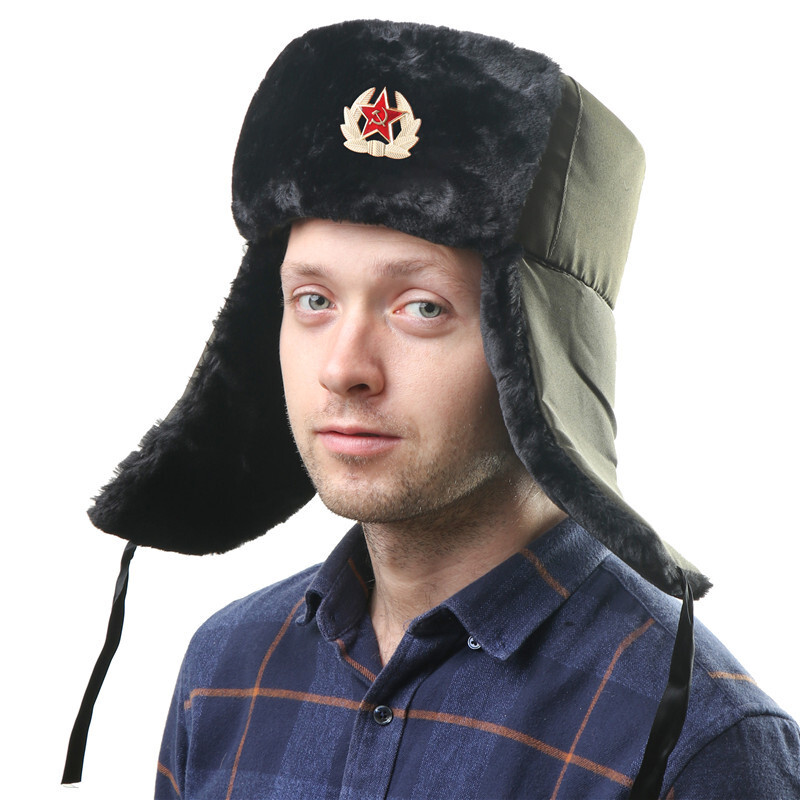 Insigna sovietică de iarnă Lei Feng Pălării pentru bărbați Pălărie rusească Ushanka în aer liber, caldă, îngroșată, blană de iepure artificială, șepci de zăpadă rezistente la vânt