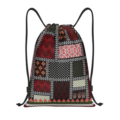 Rucsac cu șnur cu model tradițional arabă personalizat Keffiyeh Rucsac sport Rucsac pliabil Tatreez Broderie Artă Geantă de antrenament