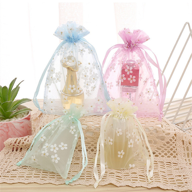 10 bucăți 13x18cm saci de organza transparente imprimate pentru cadou mic, pungă cu șnur pentru bijuterii, cosmetice, bomboane de Crăciun, pungi de șir