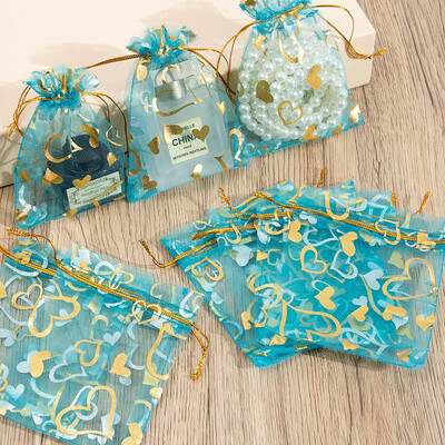 20/50 bucăți/lot pungă cadou din organza cu șnur, pungă cu imprimare inimă de culoare aurie fierbinte, pentru nuntă, petrecere de Crăciun, ambalare bijuterii pentru bomboane