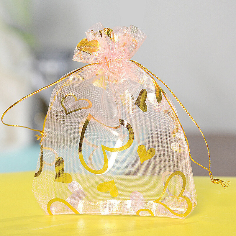 20/50 bucăți/lot pungă cadou din organza cu șnur, pungă cu imprimare inimă de culoare aurie fierbinte, pentru nuntă, petrecere de Crăciun, ambalare bijuterii pentru bomboane