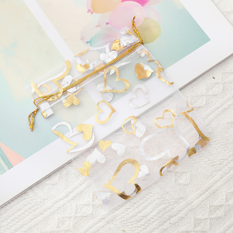 20/50 bucăți/lot pungă cadou din organza cu șnur, pungă cu imprimare inimă de culoare aurie fierbinte, pentru nuntă, petrecere de Crăciun, ambalare bijuterii pentru bomboane