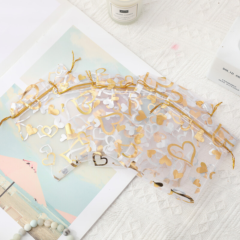 20/50 bucăți/lot pungă cadou din organza cu șnur, pungă cu imprimare inimă de culoare aurie fierbinte, pentru nuntă, petrecere de Crăciun, ambalare bijuterii pentru bomboane