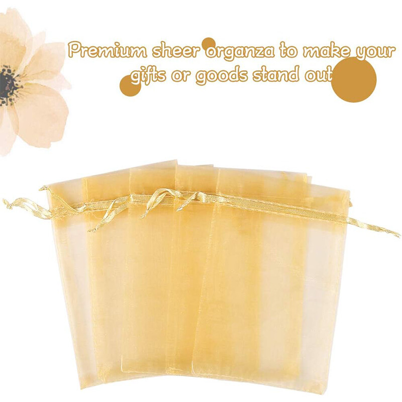 100 bucăți/pachet pungi de cadou din organza aurie, 4x6 inci, plasă de bomboane, cu șnur, pungi de favoruri, pungi de bijuterii pentru petrecerea de nuntă de Crăciun