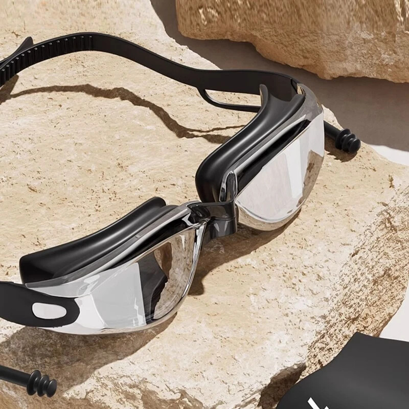 dopuri de urechi integrate ochelari de înot, câmp larg, colorați, pentru adulți, anti-aburire, lentile acoperite cu anti-UV, șapcă de înot, ochelari de piscină