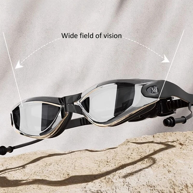 dopuri de urechi integrate ochelari de înot, câmp larg, colorați, pentru adulți, anti-aburire, lentile acoperite cu anti-UV, șapcă de înot, ochelari de piscină