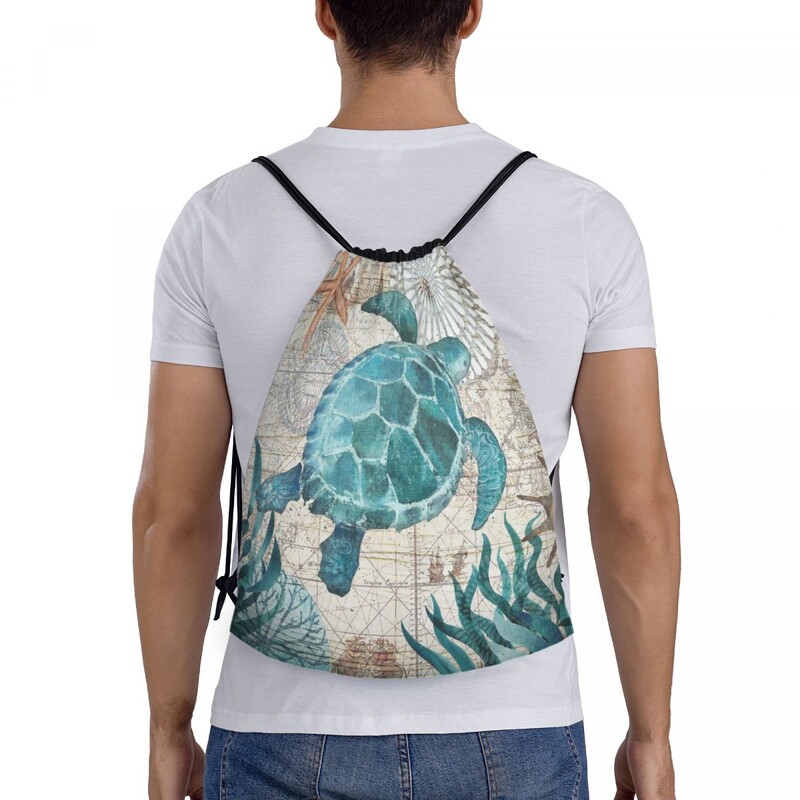 Rucsac personalizat cu șnur de țestoasă de mare vintage Geantă de gimnastică sportivă pentru femei, bărbați, rucsac de cumpărături cu viață marină