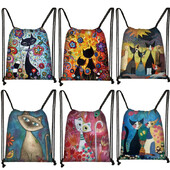 Încântător animal pisică model femei geantă cu șnur drăguț pisici din desene animate imagine imprimată geanta de depozitare pânză rucsac de călătorie la modă