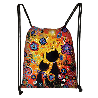 Încântător animal pisică model femei geantă cu șnur drăguț pisici din desene animate imagine imprimată geanta de depozitare pânză rucsac de călătorie la modă