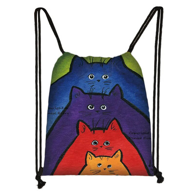 Încântător animal pisică model femei geantă cu șnur drăguț pisici din desene animate imagine imprimată geanta de depozitare pânză rucsac de călătorie la modă