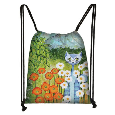 Încântător animal pisică model femei geantă cu șnur drăguț pisici din desene animate imagine imprimată geanta de depozitare pânză rucsac de călătorie la modă