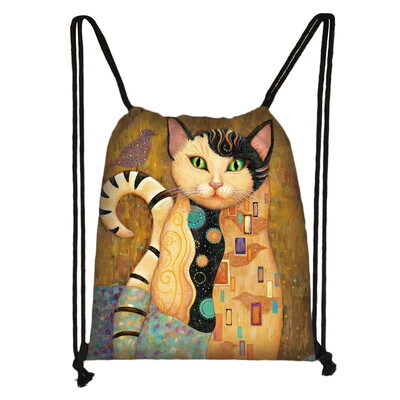 Încântător animal pisică model femei geantă cu șnur drăguț pisici din desene animate imagine imprimată geanta de depozitare pânză rucsac de călătorie la modă