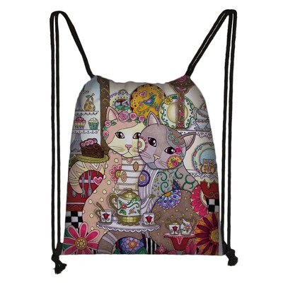 Încântător animal pisică model femei geantă cu șnur drăguț pisici din desene animate imagine imprimată geanta de depozitare pânză rucsac de călătorie la modă
