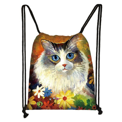 Încântător animal pisică model femei geantă cu șnur drăguț pisici din desene animate imagine imprimată geanta de depozitare pânză rucsac de călătorie la modă