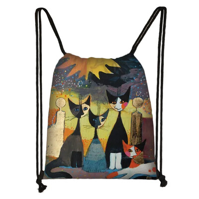 Încântător animal pisică model femei geantă cu șnur drăguț pisici din desene animate imagine imprimată geanta de depozitare pânză rucsac de călătorie la modă