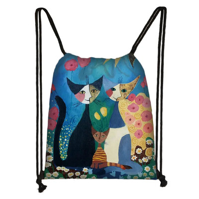 Încântător animal pisică model femei geantă cu șnur drăguț pisici din desene animate imagine imprimată geanta de depozitare pânză rucsac de călătorie la modă