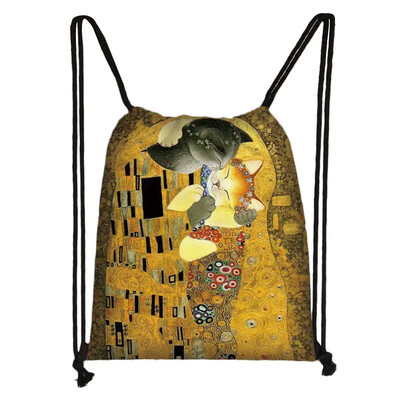 Încântător animal pisică model femei geantă cu șnur drăguț pisici din desene animate imagine imprimată geanta de depozitare pânză rucsac de călătorie la modă