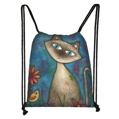 Încântător animal pisică model femei geantă cu șnur drăguț pisici din desene animate imagine imprimată geanta de depozitare pânză rucsac de călătorie la modă