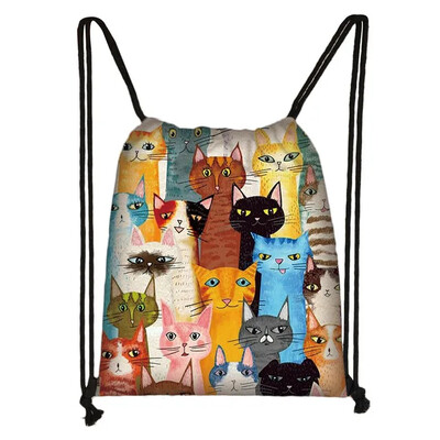 Încântător animal pisică model femei geantă cu șnur drăguț pisici din desene animate imagine imprimată geanta de depozitare pânză rucsac de călătorie la modă
