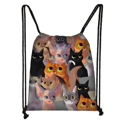 Încântător animal pisică model femei geantă cu șnur drăguț pisici din desene animate imagine imprimată geanta de depozitare pânză rucsac de călătorie la modă