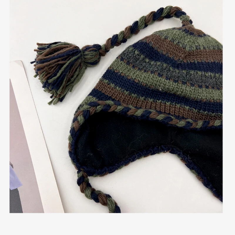 Pălărie pulover tricotată manual în stil etnic de înaltă calitate, iarnă, bărbați și femei, catifea, caldă, cu dungi, pălării bomber cu șireturi